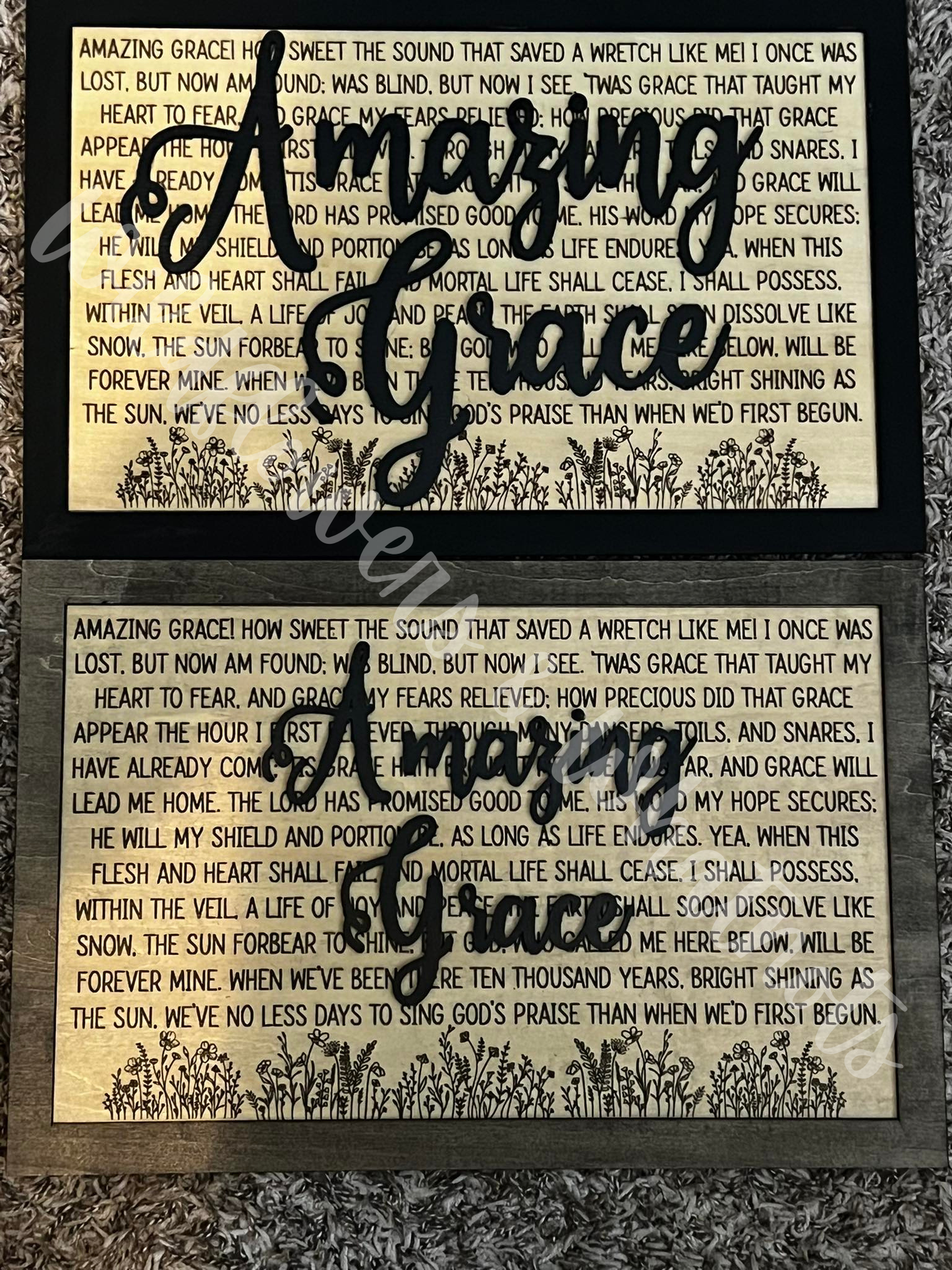 Decorative 'Amazing Grace' wooden text over lyrics and floral print on a wood surface. Customizable size font, Colors and Backplate in Natural or Colored. 