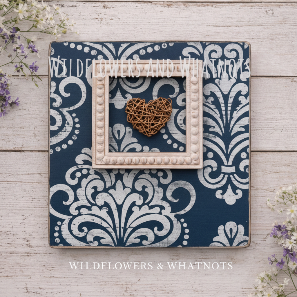 Paisley Twine Heart Framed Plaque - Navy Board